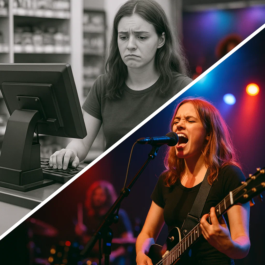 Financial comparison showing music career earnings vs traditional job - EPK Sites math visualization